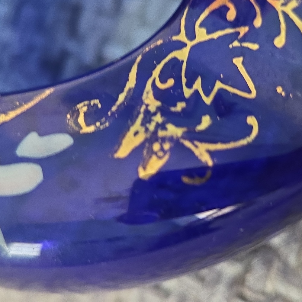 Hand-Painted Floral Cobalt Blue Glass Trinket Dish/Bowl/Ashtray Czech - Picture 12 of 13